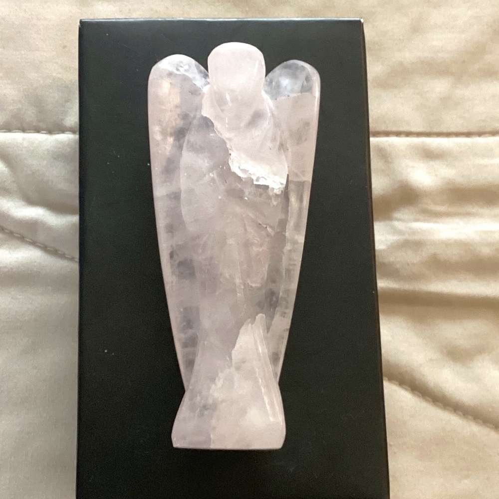 NIB - Genuine Rose quartz, hand carved angel. Just over 3” tall.